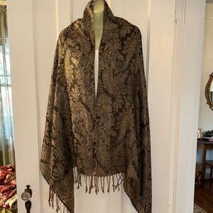 Black, Gold & Silver Paisley Pashmina‎ Type Shawl/Wrap with Fringe